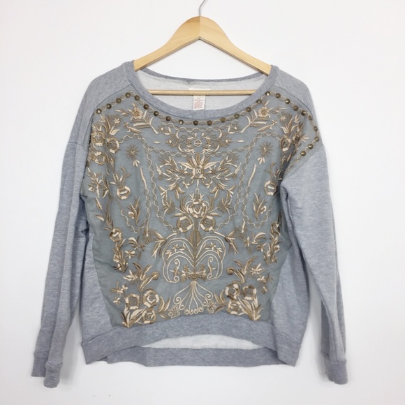 Sundance Tops - Sundance Gray Bronze Embroidered Lace Sweatshirt M